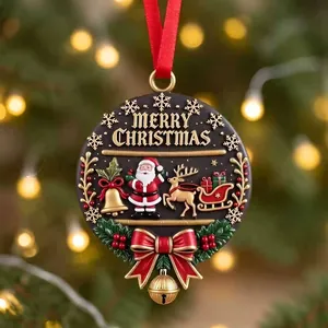 Detail view of a 3D Santa Claus acrylic ornament with bell and Merry Christmas text.