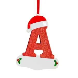 Red glitter Christmas letter A ornament with Santa hat and personalized nameplate