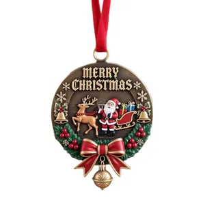 Festive Santa Claus and reindeer Christmas tree hanging ornament with Merry Christmas text
