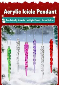 Detail view of colorful spiral acrylic icicle ornaments hanging from pine branches