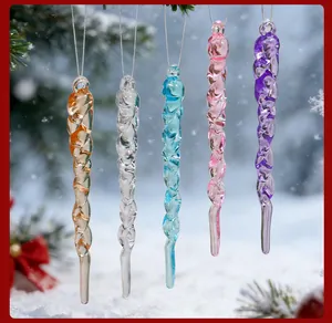 Detailed view of colorful spiral acrylic icicle ornaments for Christmas tree decor