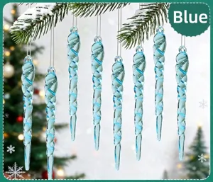 Close-up of elegant light blue spiral acrylic icicle ornaments hanging on a pine branch