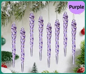 Detailed view of purple acrylic spiral icicle ornaments hanging on a Christmas tree