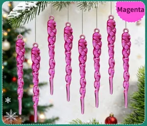 Rose red acrylic spiral icicle ornaments hanging on a Christmas tree branch