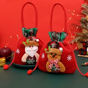 Sac Cadeau de Noël Dessin Animé Père Noël Bonhomme de Neige Renne Polyester Tissu Sac à Pommes Cordon Sac à Main Fête