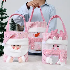 Bolsas de Regalo de Navidad de Dibujos Animados en Rosa Poliéster Lentejuelas Papá Noel Muñeco de Nieve Reno Bolsas de Dulces para Niños Decoración de Fiesta