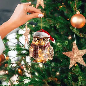 Cute Owl Christmas Tree Hanging Pendant Acrylic 2D Flat Printed Holiday Party Decor Ornament Gift For Apartment Home