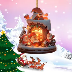 Vista detallada del adorno de acrílico de Papá Noel con ilustración de trineo