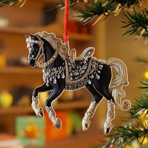 Elegante adorno colgante de acrílico de caballo negro y dorado con muchos cristales