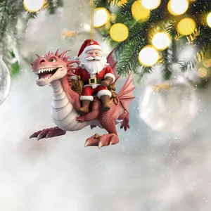 Detail van een creatieve acryl ornament met de Kerstman die op een rode draak rijdt