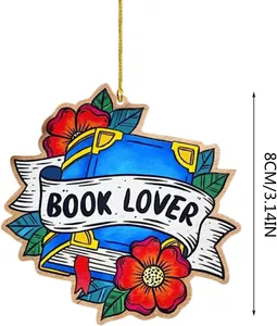 Flat acrylic book lover Christmas pendant showing vertical size dimension of 8cm 3.14 inches