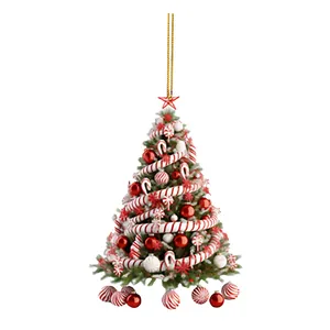 Festlicher Weihnachtsbaum-Acryl-Flachornament mit Zuckerstangen und roten Kugeln