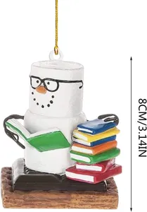 Detailed view of 8cm tall marshmallow snowman reading book acrylic Christmas tree ornament
