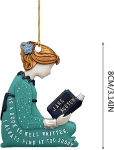 Detailed view of Jane Austen acrylic book lover ornament showing 8cm height measurement