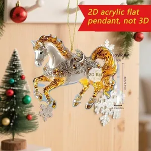 Vista detallada del colgante de caballo de acrílico dorado con dimensiones y diseño plano.