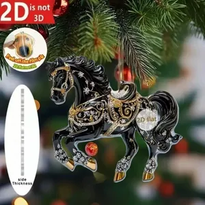 Vista detallada del grosor 2D plano del adorno de acrílico de caballo negro ornamentado.
