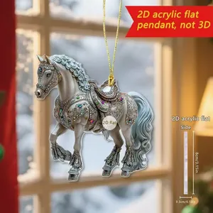 Vista detallada del colgante de caballo de acrílico adornado con diseño plano 2D y medidas