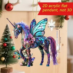 Detalle del colgante de unicornio plano de acrílico 2D con alas de colores y grosor