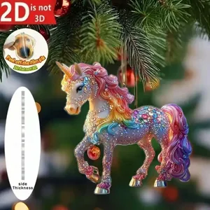 Adorno plano de acrílico de unicornio brillante para decoración de árbol de Navidad y regalo