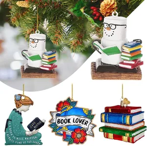 Creative book lover Christmas ornaments set acrylic pendants for library decor