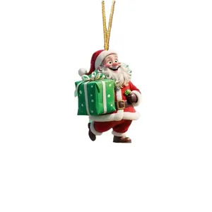 3D-Stil Weihnachtsmann Acryl Flachornament mit grünem Geschenk für Christbaumdekorationen
