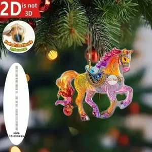 Vista detallada de un adorno de acrílico de caballo colorido con diseño plano en 2D.