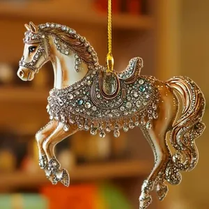 Elegante adorno de caballo al galope de acrílico dorado con pedrería para regalo