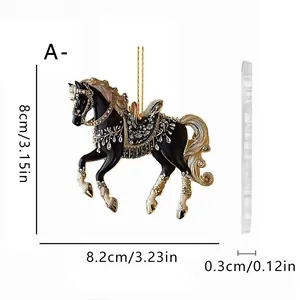 Adorno colgante de acrílico de caballo galopante negro y dorado con dimensiones.