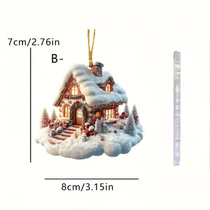 Detailed view of 2D acrylic Christmas snow cottage pendant showing 8cm by 7cm dimensions