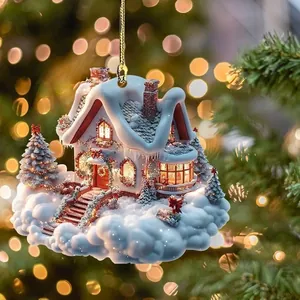 Detailed view of 2D acrylic Christmas snow cottage ornament with festive warm lighting