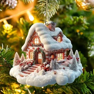 Detail of 2D acrylic snowy cottage Christmas tree ornament with warm festive lighting