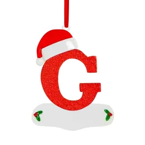 Personalized red glitter letter G Christmas tree ornament with Santa hat and ribbon