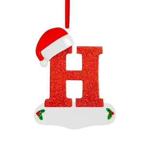 Sparkling red glitter Christmas letter H ornament with Santa hat for holiday tree hanging