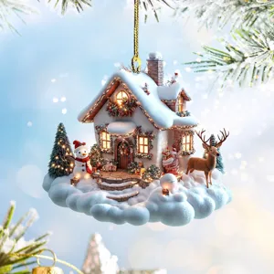 Close-up of 2D acrylic snow house ornament with festive snowman and reindeer detail