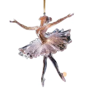 Ornement ballerine en acrylique étincelant avec ruban doré pour décoration de Noël