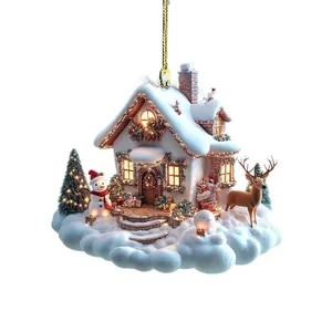 2D acrylic Christmas snowy house ornament with snowman and deer for tree decoration