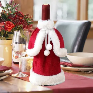 Red velvet Christmas Santa wine bottle cover for festive holiday table decoration