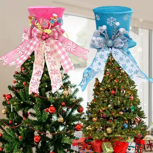 Retractable Christmas Tree Topper Hat With Gingerbread Man Bowknot Snowflake Printed Polyester Holiday Decoration Top Star Ornament