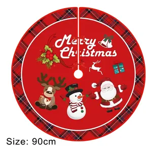 Gonna per albero di Natale rossa 90cm con Babbo Natale, pupazzo di neve e renna cartoon