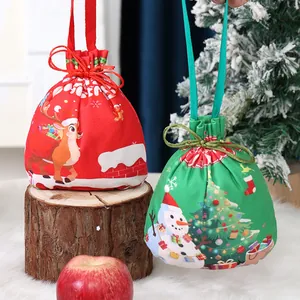 Christmas drawstring gift bags with cute reindeer and snowman prints for apples