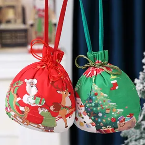 Festive red and green velvet Christmas drawstring bags with Santa and snowman prints