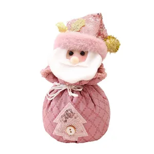 Rosa plüschiger Weihnachtsmann-Geschenkbeutel mit Kordelzug für Süßigkeiten und Obst