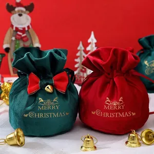 Red and green velvet Christmas drawstring gift bags with Merry Christmas gold print