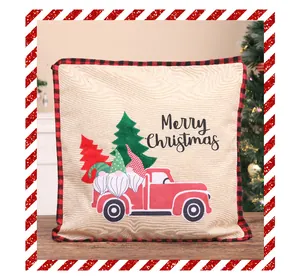 Detailed view of imitation linen Christmas pillowcase with festive gnome truck design