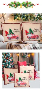 Detail view of festive gnome and red truck Christmas cushion covers in holiday setting