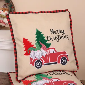 Festive square Christmas gnome pillowcase with red truck print and buffalo plaid border