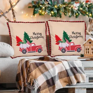 Set of 2 Christmas gnome pillowcases with red truck design and red buffalo plaid trim