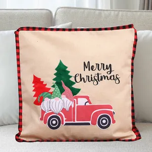 Festive Christmas gnome red truck cushion cover faux linen pillowcase with plaid trim