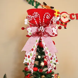 Red Christmas Tree Topper Hat With Large Bow Ribbon And Candy Decoration For Festive Home Party Tree Ornament Decor