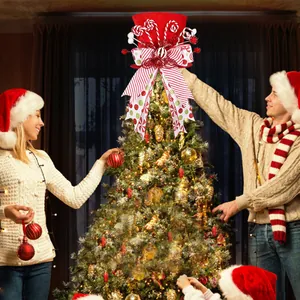 Festive red Christmas tree topper hat with candy cane and striped bow accents.